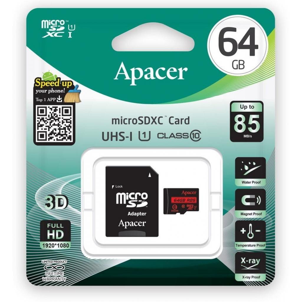 MicroSD Apacer 64GB / SD adapter / AP64GMCSX10U5-R /