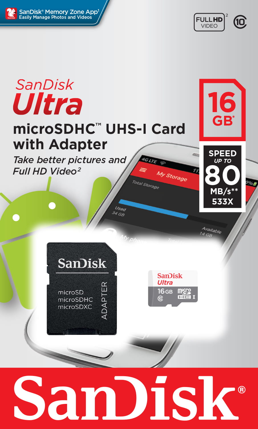 microSD SanDisk 16GB / SD adapter / Ultra 300x / SDSQUNS-016G-GN3MA /