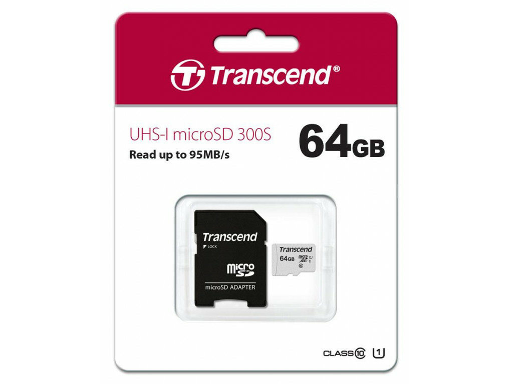 MicroSD Transcend 64GB / SD adapter / UHS-I U1 / TS64GUSD300S-A /