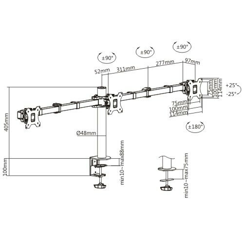 Brateck LDT33-C036 Triple Monitors Steel Articulating Monitor Arm /